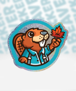 a cartoon beaver holding a maple leaf on a fairy dust holographic background